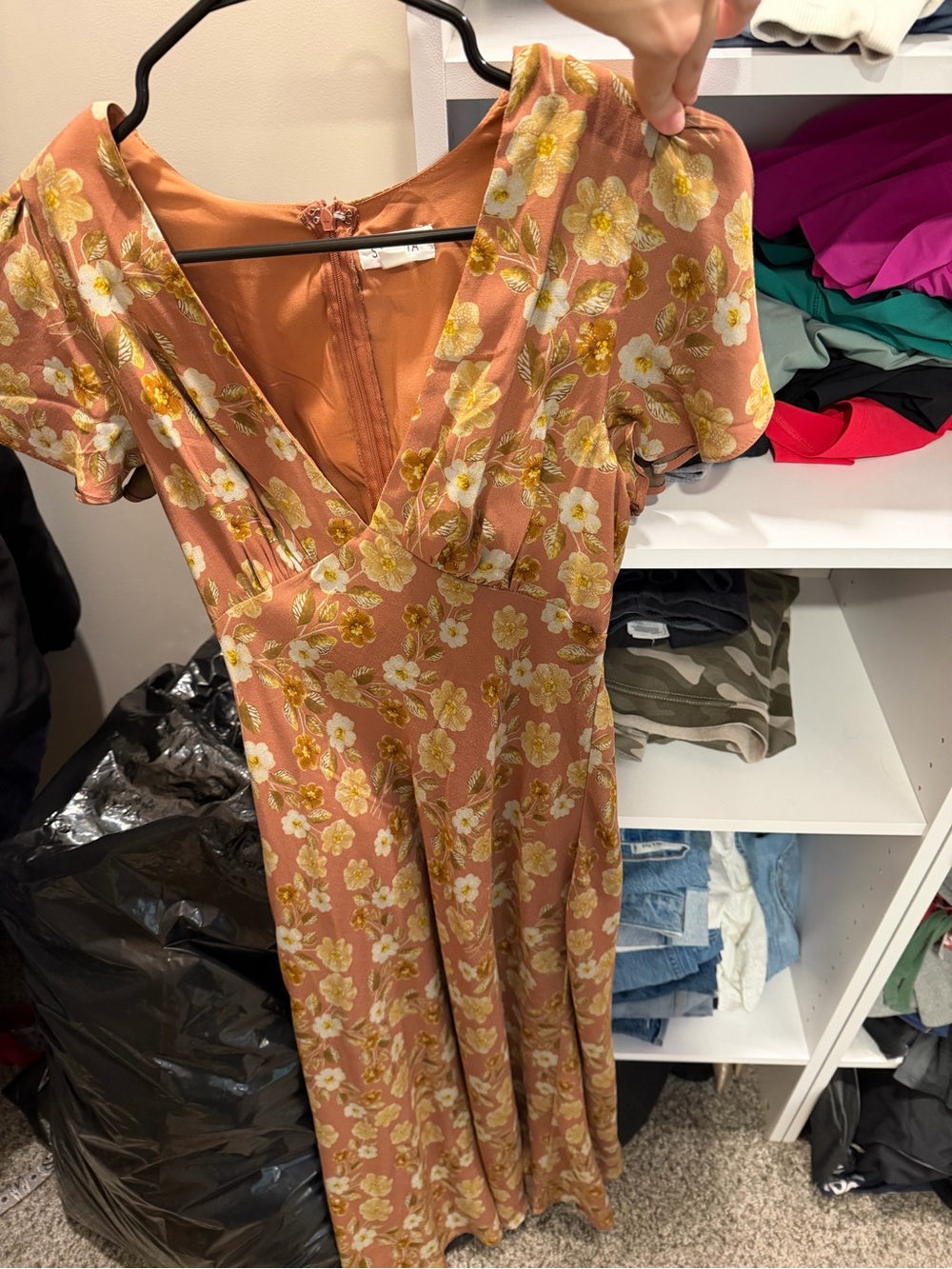 Storia Rust Floral V-Neck Maxi Dress with Yellow Blossoms